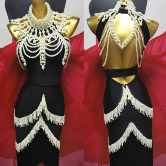 Black Latin Dance Dress with Pearls & Beaded Fringe