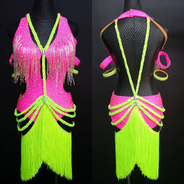 Neon pink and green Latin dance dress with beaded fringe - Image 3