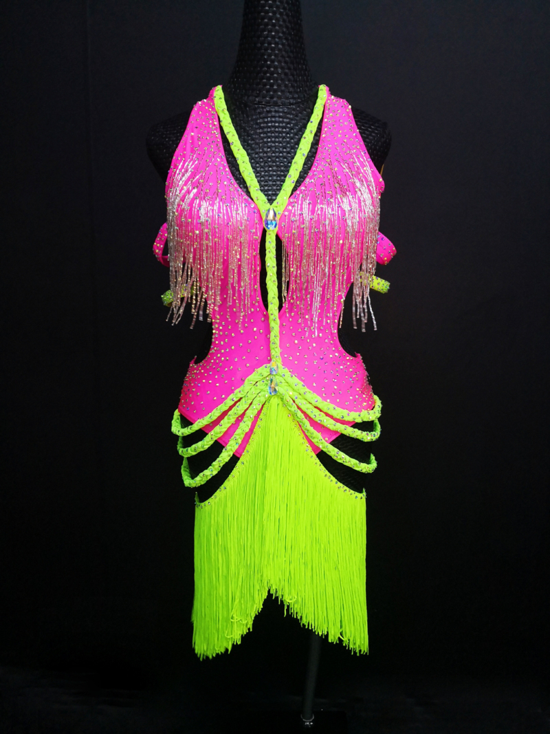 L0024-front Latin Dance Dress with Beaded Fringe