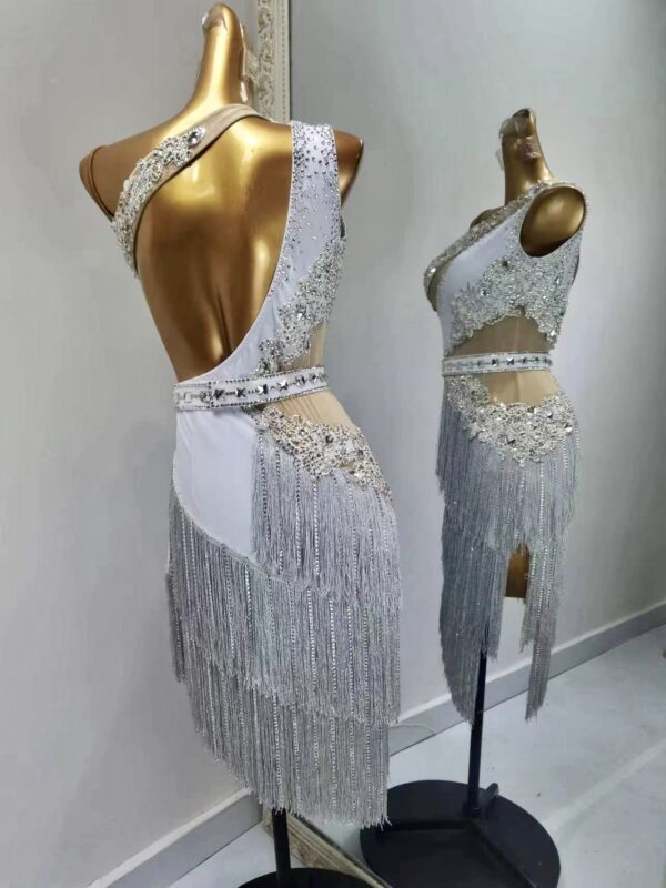 White Latin dance dress with appliques and silver fringe