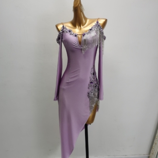 purple off shoulder latin dance dress