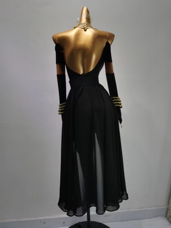 Black Latin dance jumpsuit with skirt and beaded fringe - Image 2
