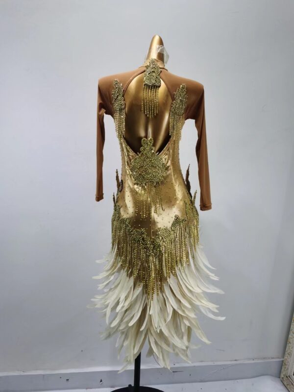Gold Latin dance dress with beaded fringe and feathers - Image 2