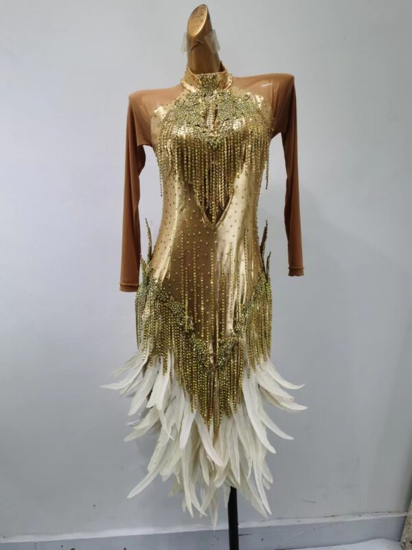 Gold Latin dance dress with beaded fringe and feathers