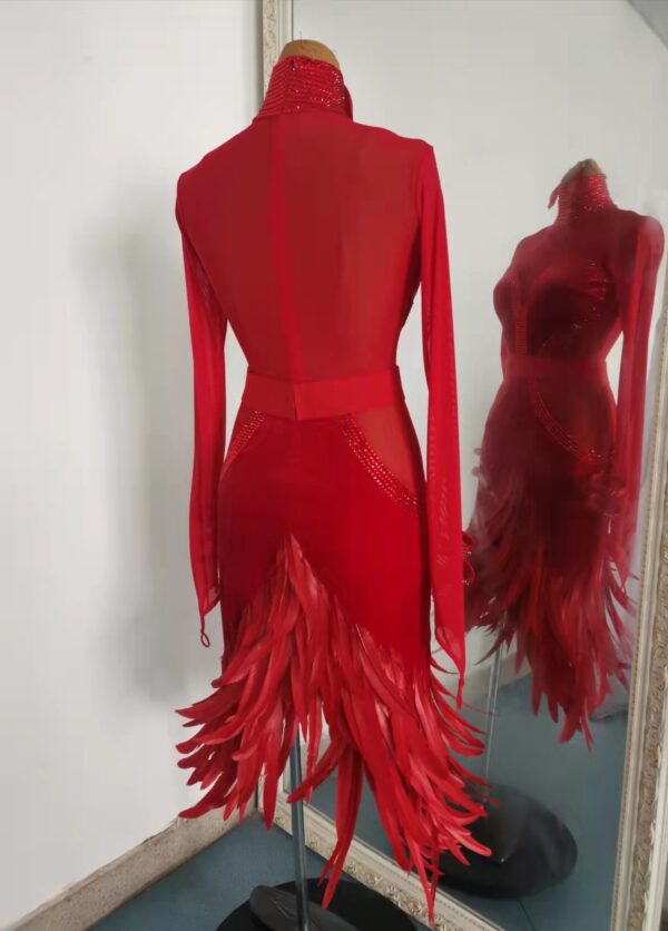 Red velvet Latin dance dress with feathers - Image 2