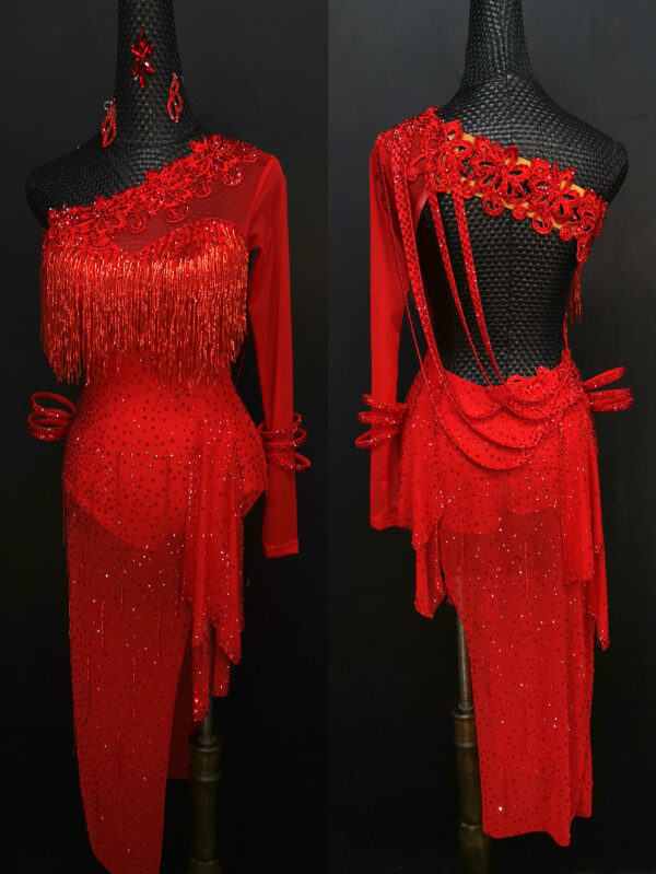 Red Latin and Rhythm dance dress with slit, beaded fringe and appliques