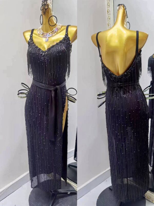 Black Latin and Rhythm dance dress with slit, open back and beaded fringe - Image 3