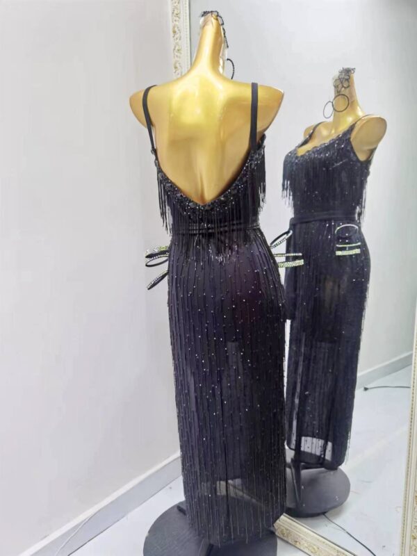 Black Latin and Rhythm dance dress with slit, open back and beaded fringe - Image 2