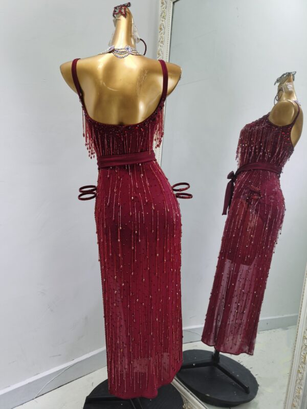 Burgundy Latin and Rhythm dance dress with slit, open back and beaded fringe - Image 2