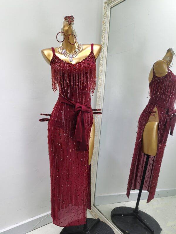 Burgundy Latin and Rhythm dance dress with slit, open back and beaded fringe