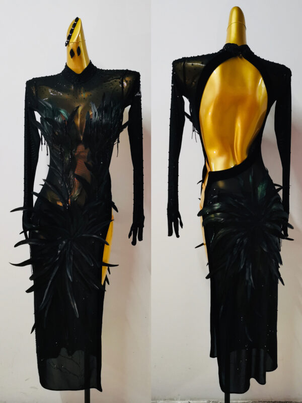 Black Latin and Rhythm dance dress with feathers and open back