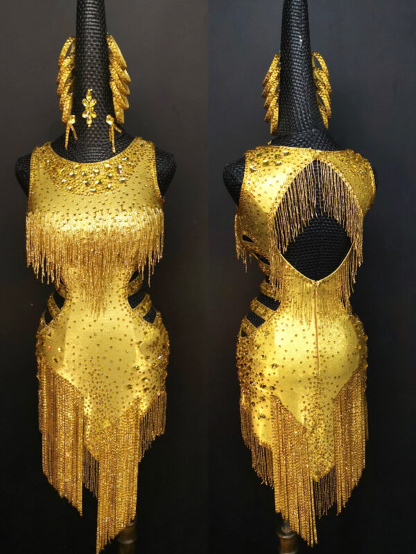 Gold Latin and Rhythm dance dress with beaded fringe