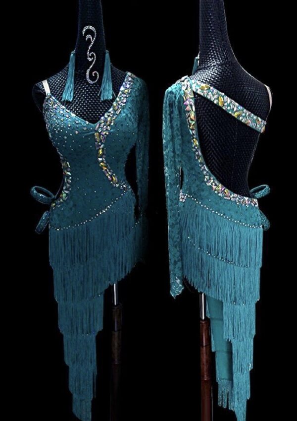 Turquoise Latin dance dress with slit and fringe