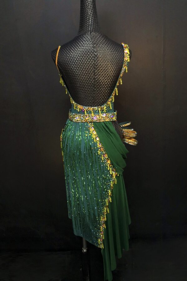 Green Latin and Rhythm dance dress with cut out, slit and beaded fringe