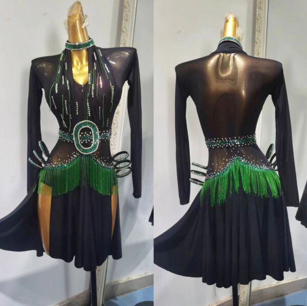 Black Latin and Rhythm dance dress with slits, belt and fringe - Image 3