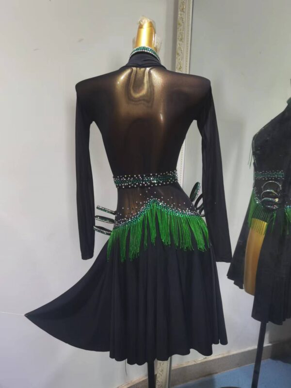 Black Latin and Rhythm dance dress with slits, belt and fringe - Image 2