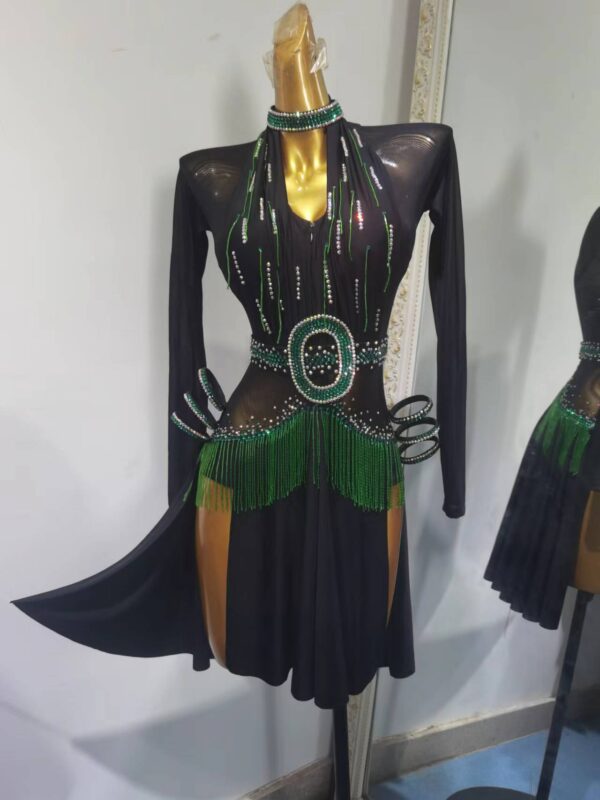 Black Latin and Rhythm dance dress with slits, belt and fringe