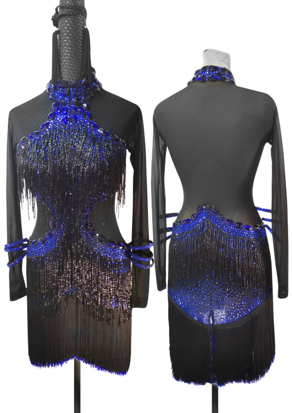 Black Latin and Rhythm dance dress with blue stones and beaded fringe