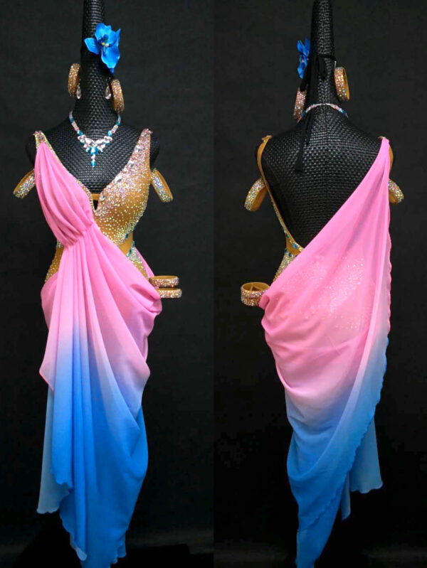 Ombre pink and blue Latin and Rhythm dance dress with chiffon skirt - Image 3