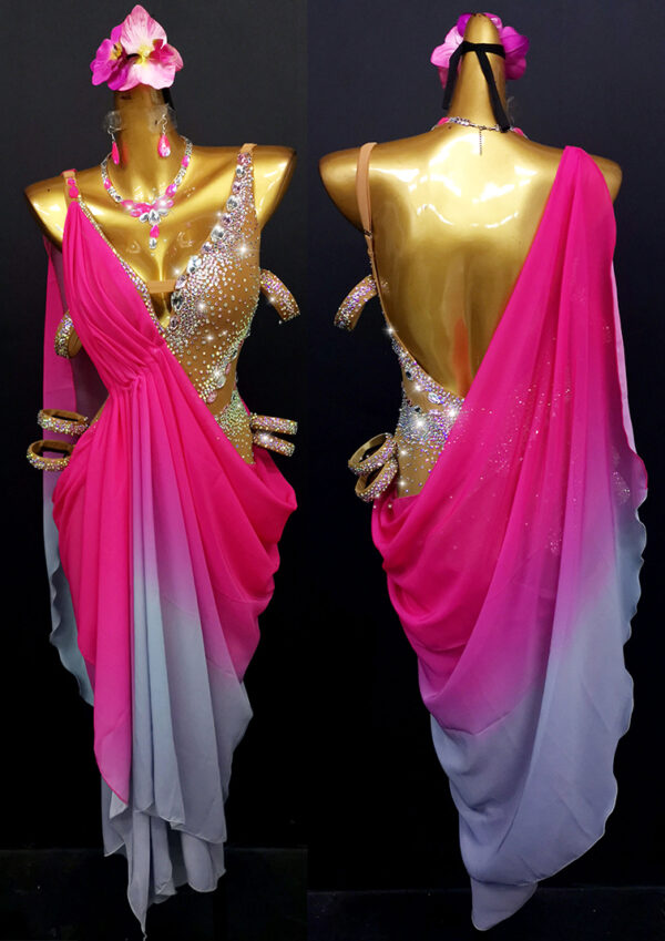 Ombre grey and fuchsia pink Latin and Rhythm dance dress with chiffon skirt - Image 4