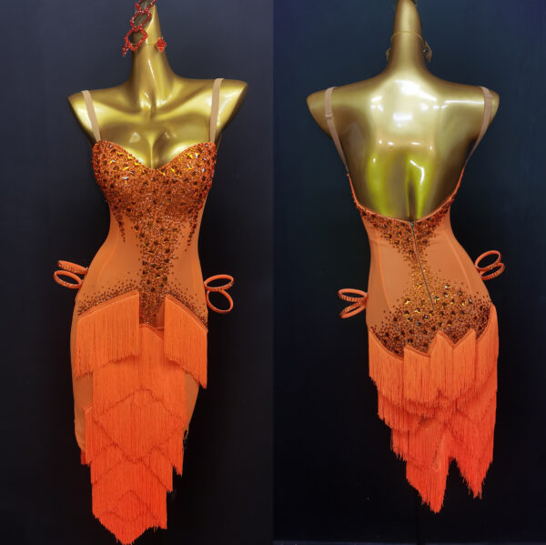 Orange Latin and Rhythm dance dress with layered fringe