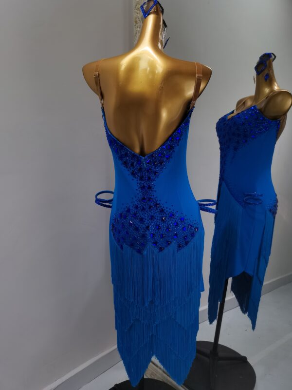 Blue Latin and Rhythm dance dress with layered fringe - Image 2