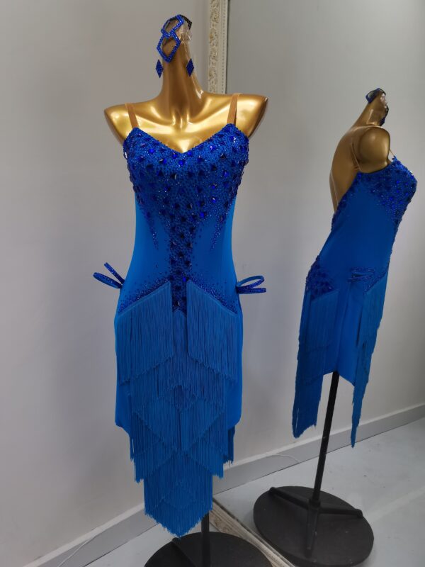 Blue Latin and Rhythm dance dress with layered fringe