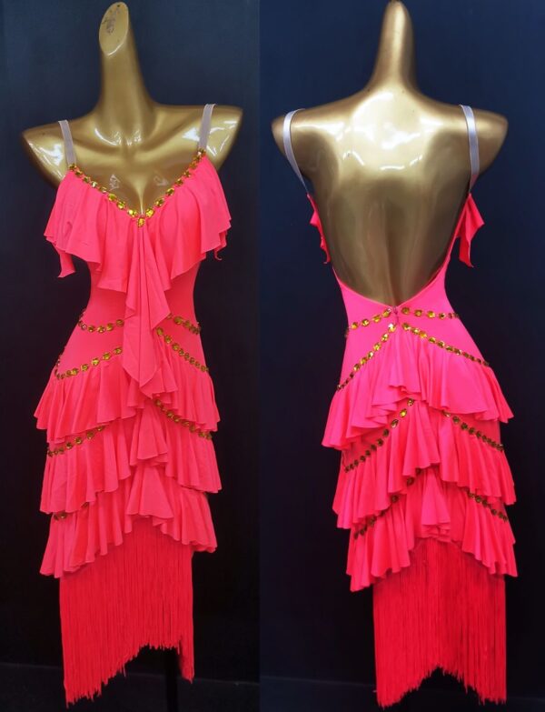 Fuchsia pink Latin and Rhythm dance dress with layered skirt and fringe