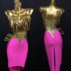 Gold fringe and fuchsia pink Latin and Rhythm dance dress with bodycon skirt - Image 4