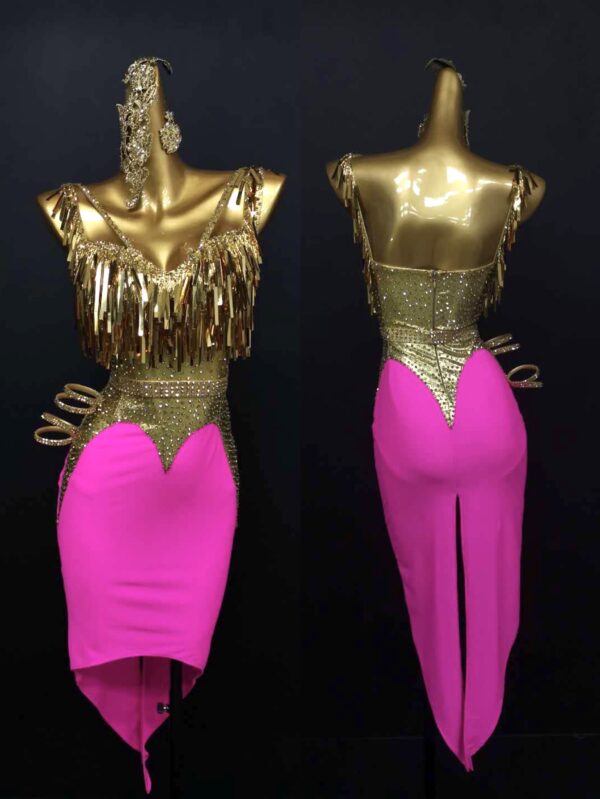 Gold fringe and fuchsia pink Latin and Rhythm dance dress with bodycon skirt - Image 4