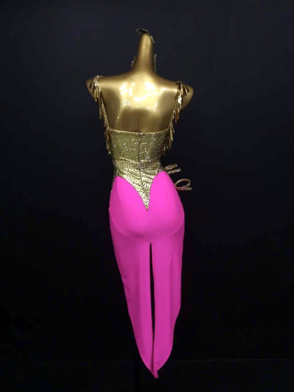 Gold fringe and fuchsia pink Latin and Rhythm dance dress with bodycon skirt - Image 2