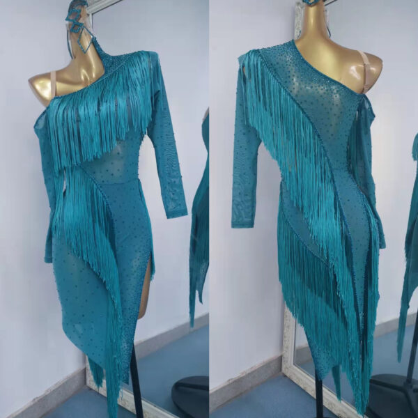 Turquoise Latin and Rhythm dance dress with cut-out, slit and fringe - Image 3