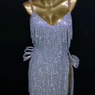 silver latin dance dress with stoned fringe
