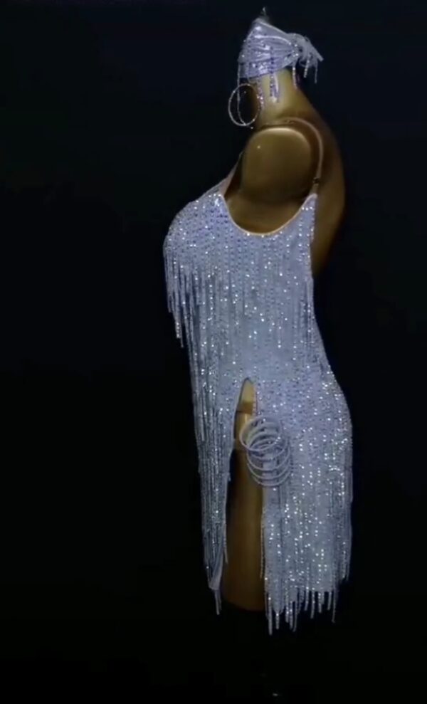 Silver Latin and Rhythm dance dress with stoned fringe - Image 3