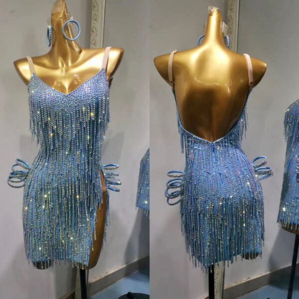 Light Blue Latin and Rhythm dance dress with stoned fringe - Image 3