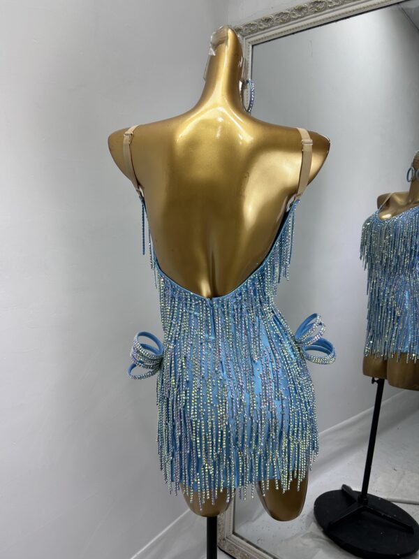 Light Blue Latin and Rhythm dance dress with stoned fringe - Image 2