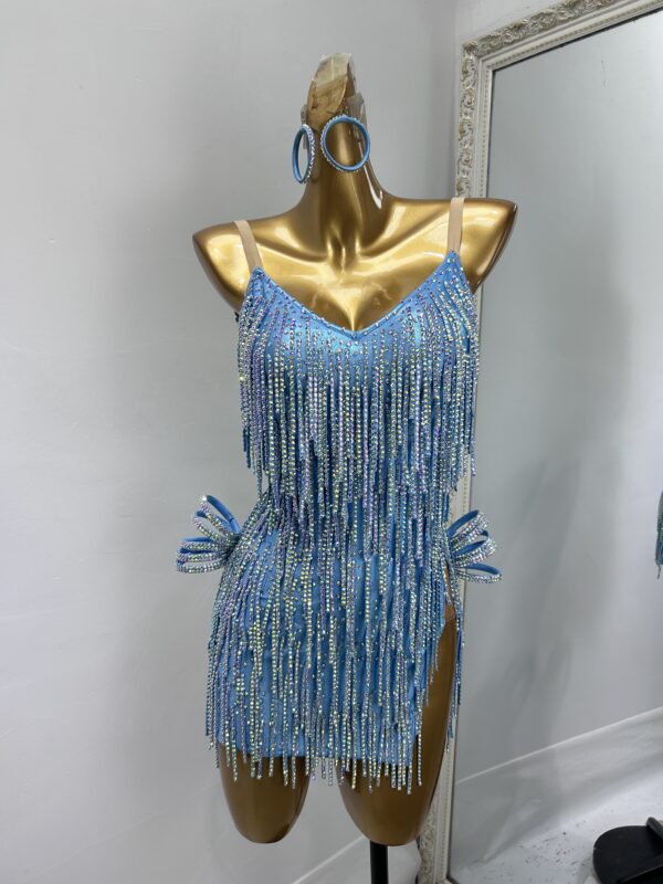Light Blue Latin and Rhythm dance dress with stoned fringe