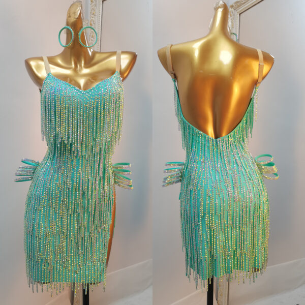 Light green Latin and Rhythm dance dress with stoned fringe - Image 3