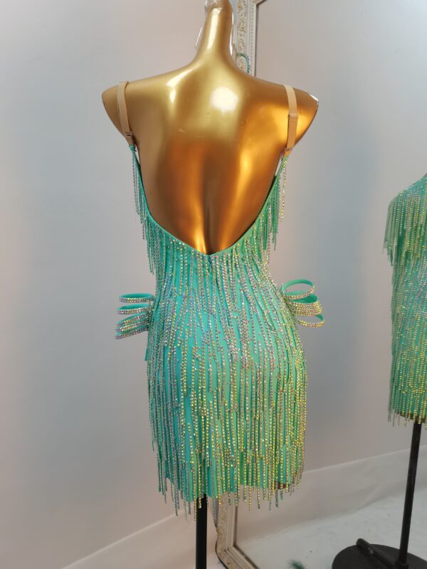 Light green Latin and Rhythm dance dress with stoned fringe - Image 2