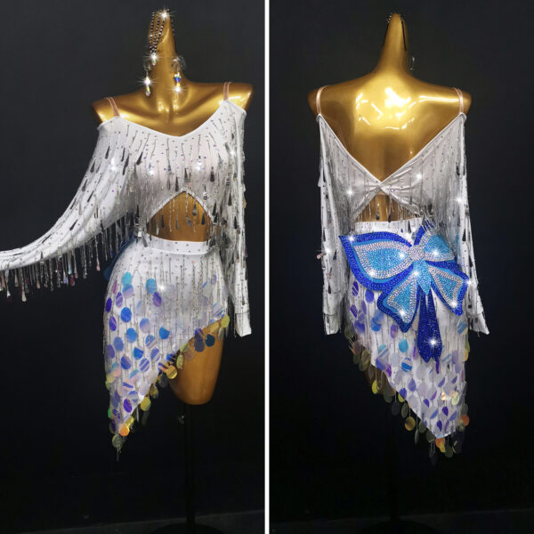 White Latin and rhythm dance dress with blue butterfly and sequins