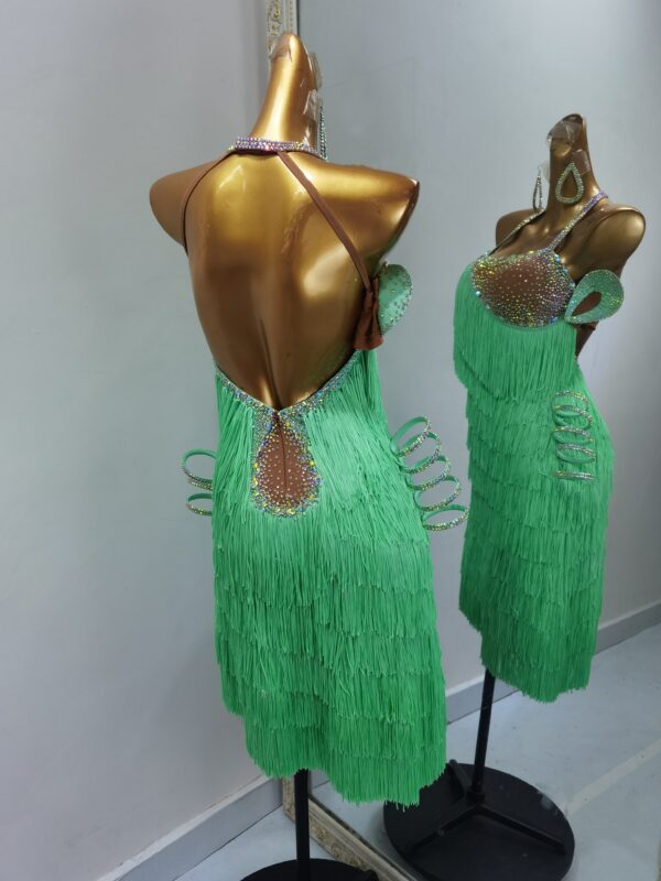 Green fringe Latin dance dress with layered fringe - Image 2