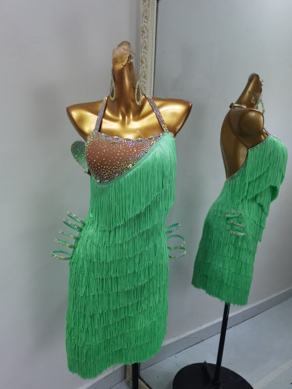 Green fringe Latin dance dress with layered fringe
