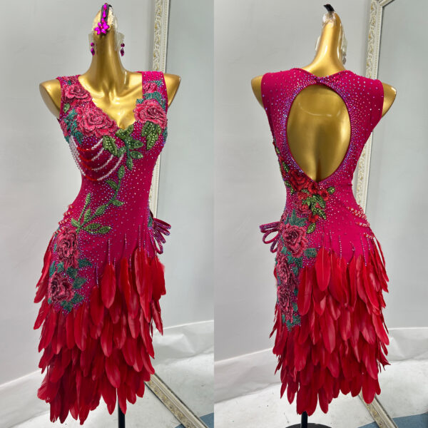 Cherry red Latin and Rhythm dance dress with feathers and embroideries - Image 3