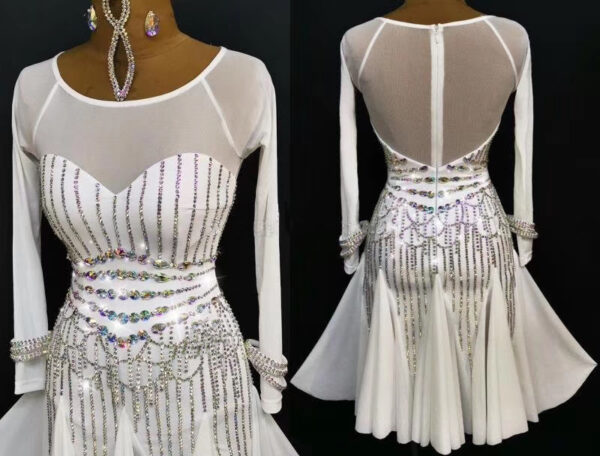 White Latin and Rhythm dance dress with crystals - Image 4