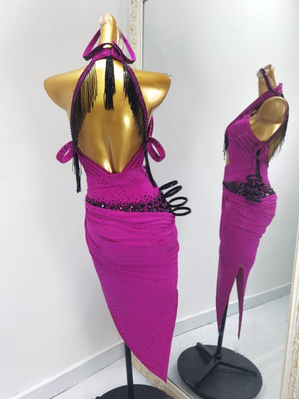 Purple pink Latin and Rhythm dance dress with cut-out and slit - Image 2