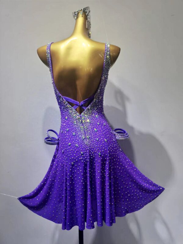 Purple Latin and Rhythm dance dress with slit, crystals and flared skirt - Image 2