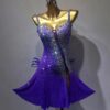 Purple Latin and Rhythm dance dress with slit, crystals and flared skirt