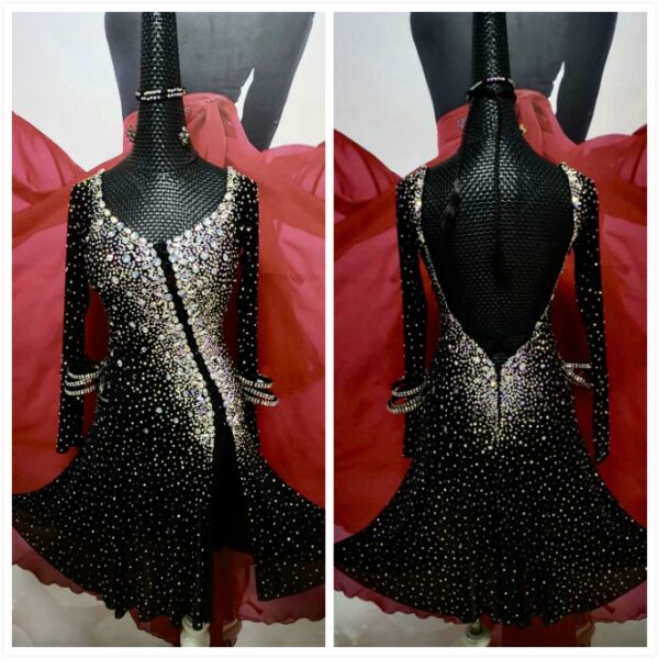 Black Latin and Rhythm dance dress with slit, crystals and flared skirt - Image 3