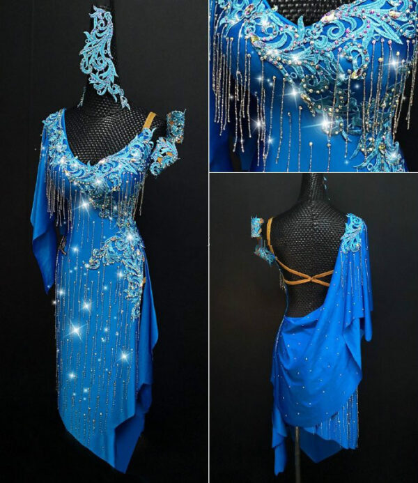 Blue Latin and Rhythm dance dress with lace and beaded fringe