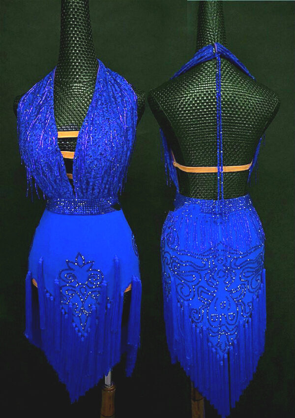 Blue Latin and Rhythm dance dress with beaded fringe - Image 3